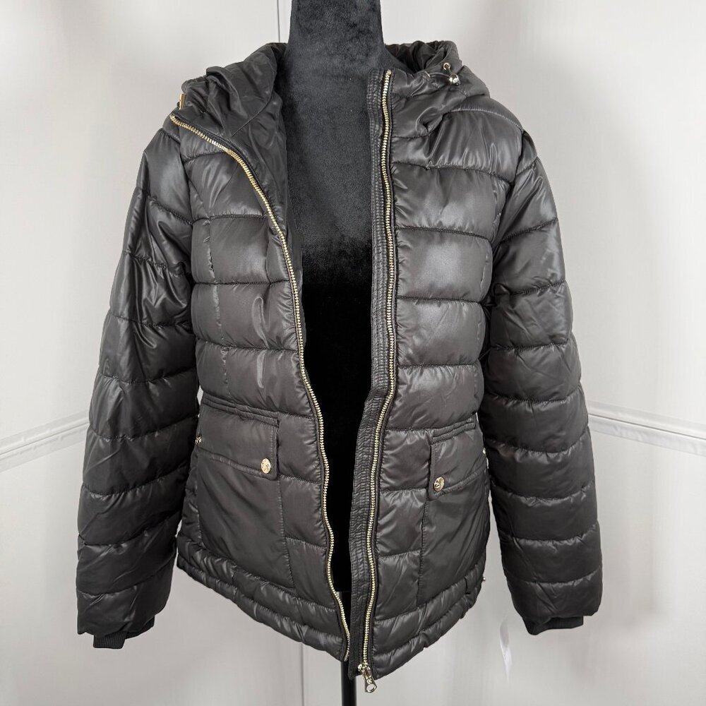 Jessica Simpson Black Hooded Puffer Jacket Leopard Lining Medium NWT
